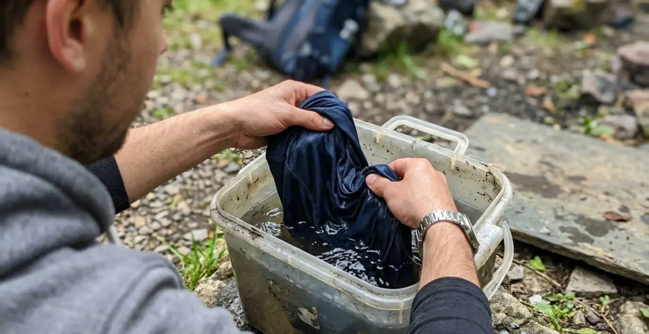 Des mains plongeant un t-shirt technique dans un récipient d'eau, geste d'activation visible