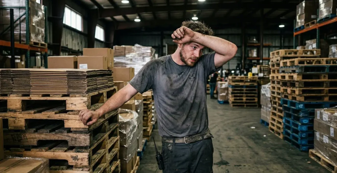 Un ouvrier en entrepôt logistique portant un t-shirt technique, debout près de palettes sous une lumière de hangar naturelle